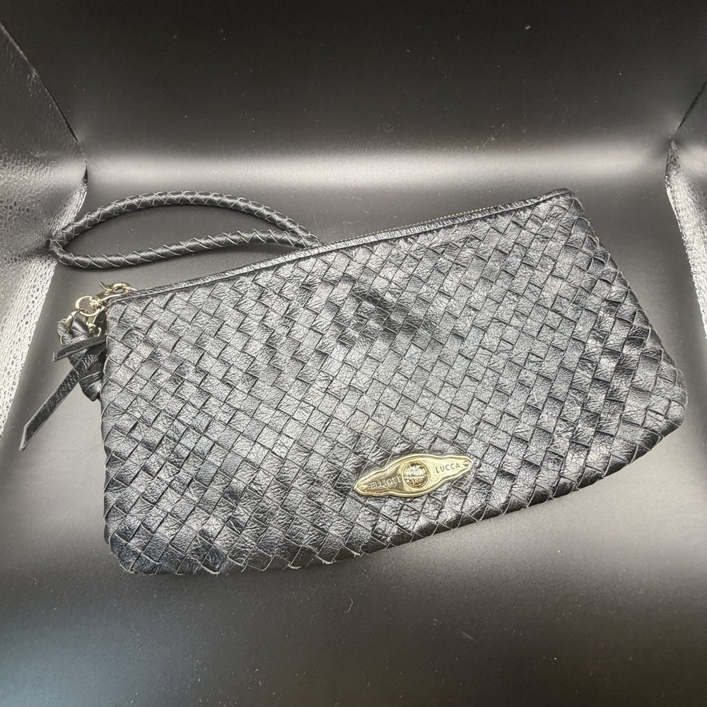 Elliot Lucca Black Woven Leather Crossbody Zippered Purse w/ Brass‎ Hardware VTG